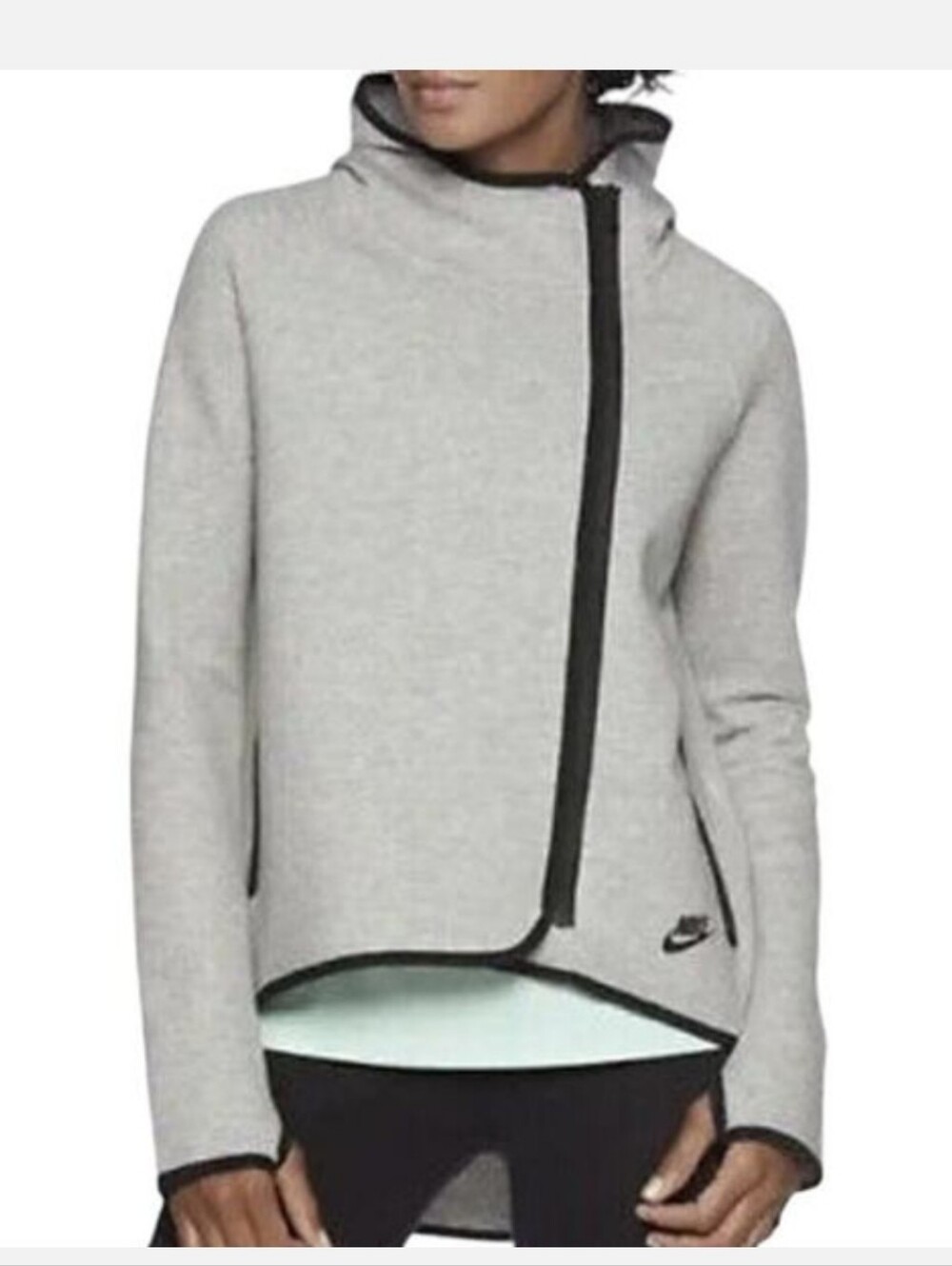 Nike Tech Fleece asymmetric cape hoodie in heather gray with black trim.